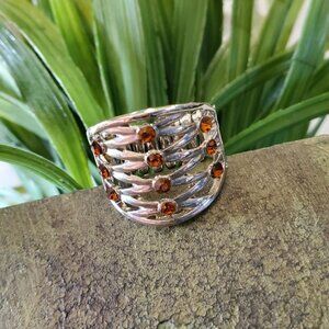 Silver Tone Adjustable Band Ring with Orange Brown Jewels 💥3 for $24💥